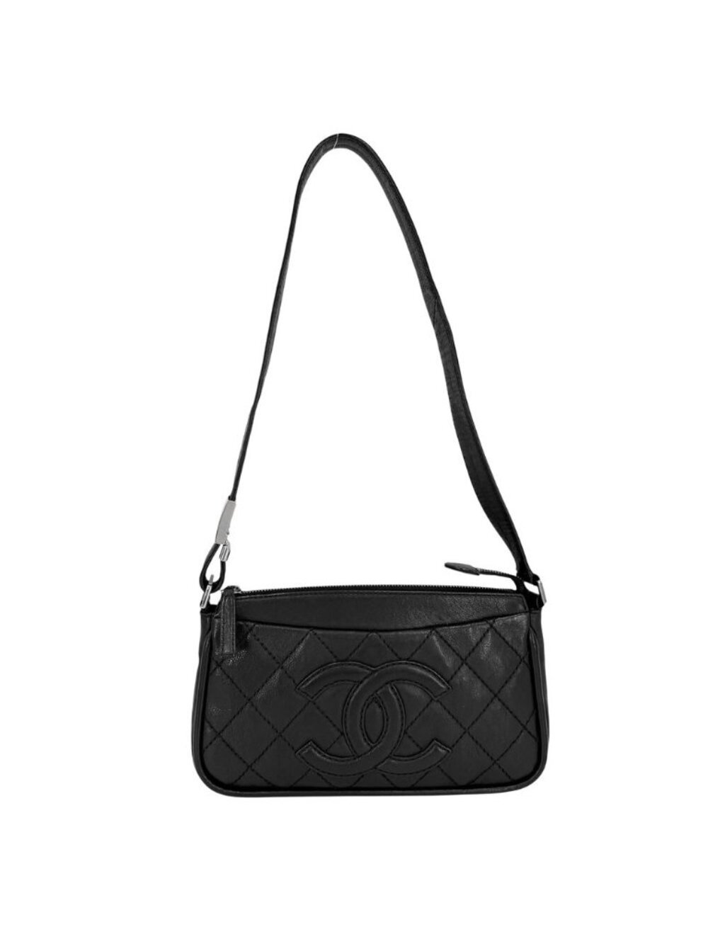 Chanel Shoulder Bag CC Logo Quilted Leather Black Silver